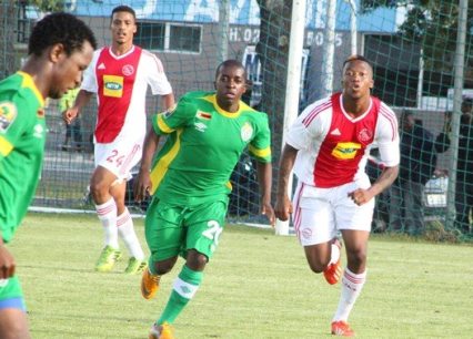 Rivaldo Coetzee and Ayabulela Magqwaka in Ajax Cape Town's colours in a practice game against Zimbabwe at Ikamva last season.