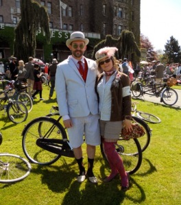 Colourful characters participating in the Red Sock Tweed Ride